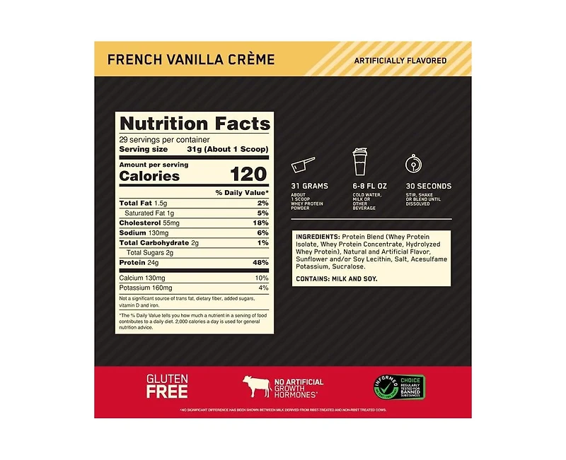 Optimum Nutrition Gold Standard 100% Whey Protein Powder, French Vanilla Creme, 2 Pound (Packaging May Vary)
