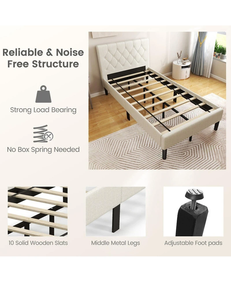 Gouun Twin Upholstered Platform Bed Frame with Button Tufted Headboard