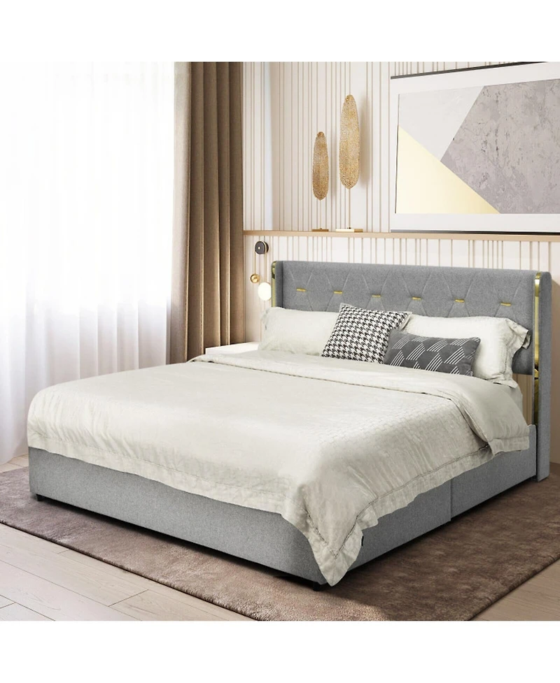 Gouun Full Upholstered Platform Bed Frame with Tufted Headboard and 4 Drawers
