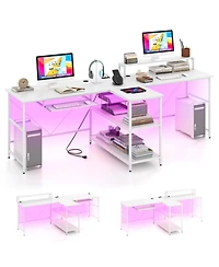 Gouun 2-Person Computer Desk 94.5in Led Lights Monitor Stand Reversible