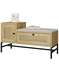 Farmhouse Shoe Bench, 39 Inch Wood Storage Bench with Rattan Cabinet and Drawer, Cushioned Entryway Seating for Hallway