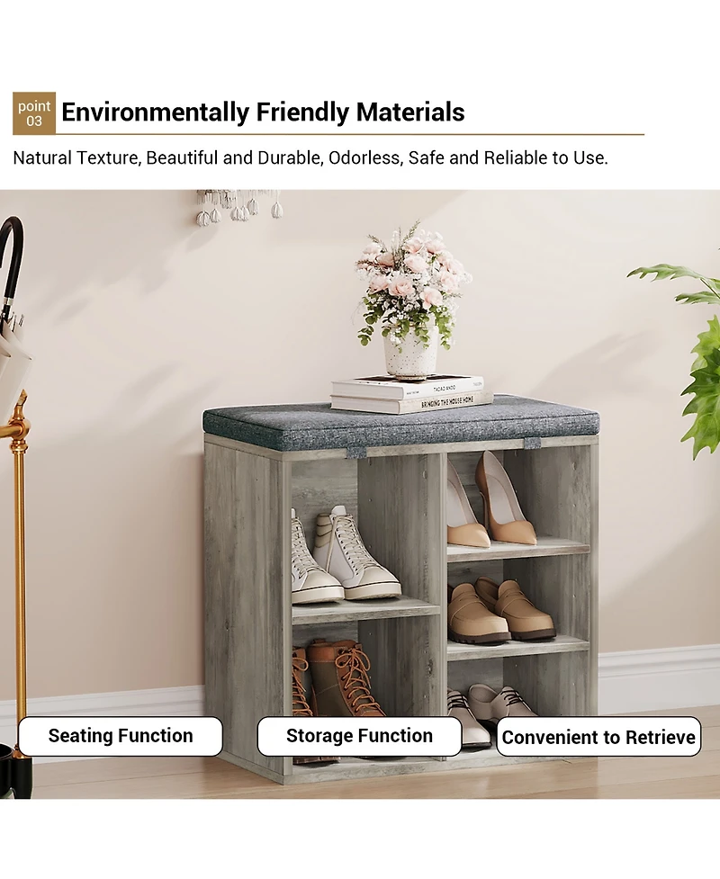 homfan Shoe Storage Bench, Upholstered 10 Cubbies Organizer with Cushion and Adjustable Shelves for Entryway