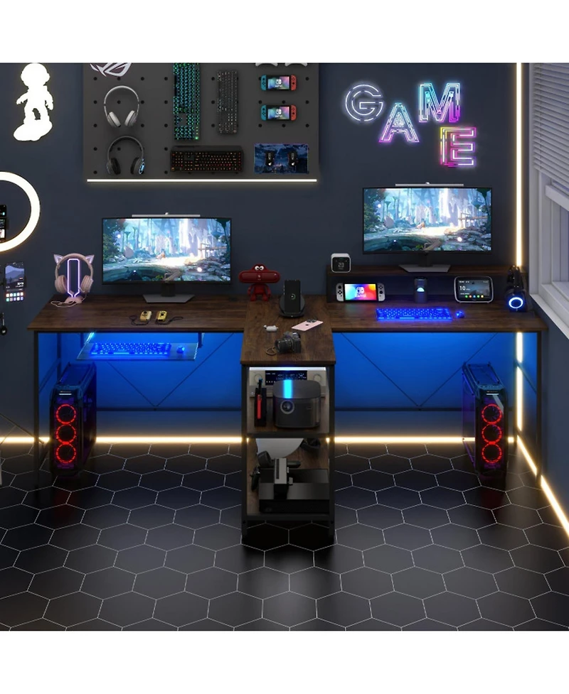 Gouun 2-Person Computer Desk Led Lights Monitor Stand Storage