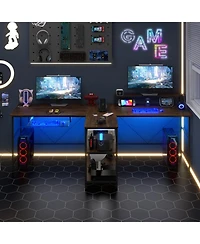 Gouun 2-Person Computer Desk Led Lights Monitor Stand Storage