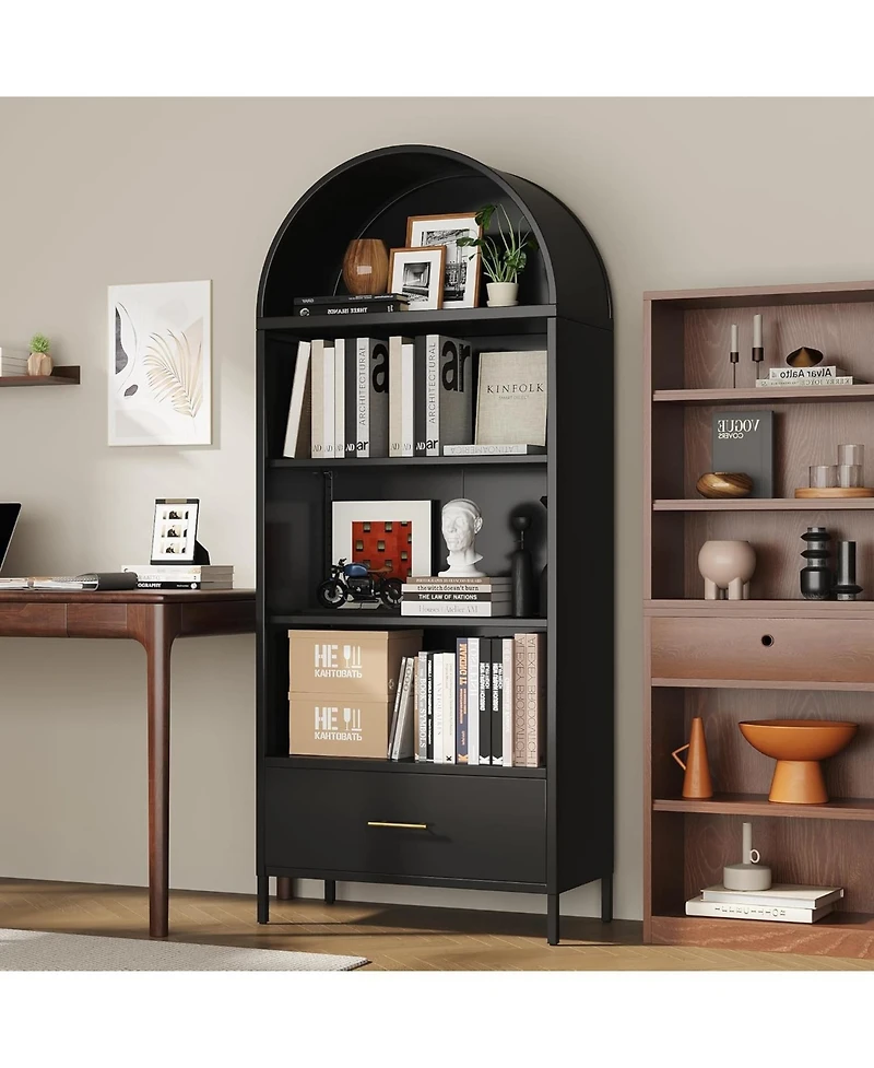 Boyel Living Arched Metal Bookshelf with Drawer, Modern Open Display Cabinet and Tall Storage Shelf