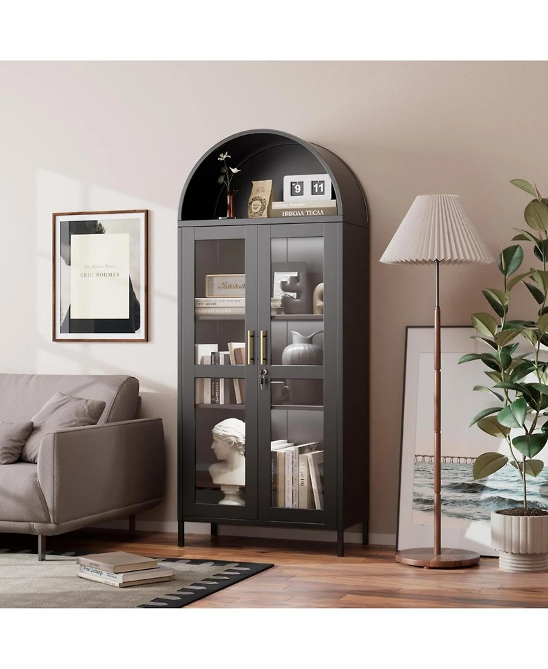 Boyel Living Metal Arched Display Cabinet with Led Lights, Lockable Glass Door Bookshelf and Hutch for Living Room