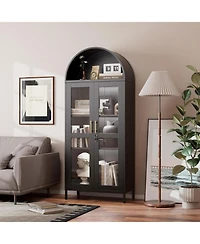 Boyel Living Metal Arched Display Cabinet with Led Lights, Lockable Glass Door Bookshelf and Hutch for Living Room