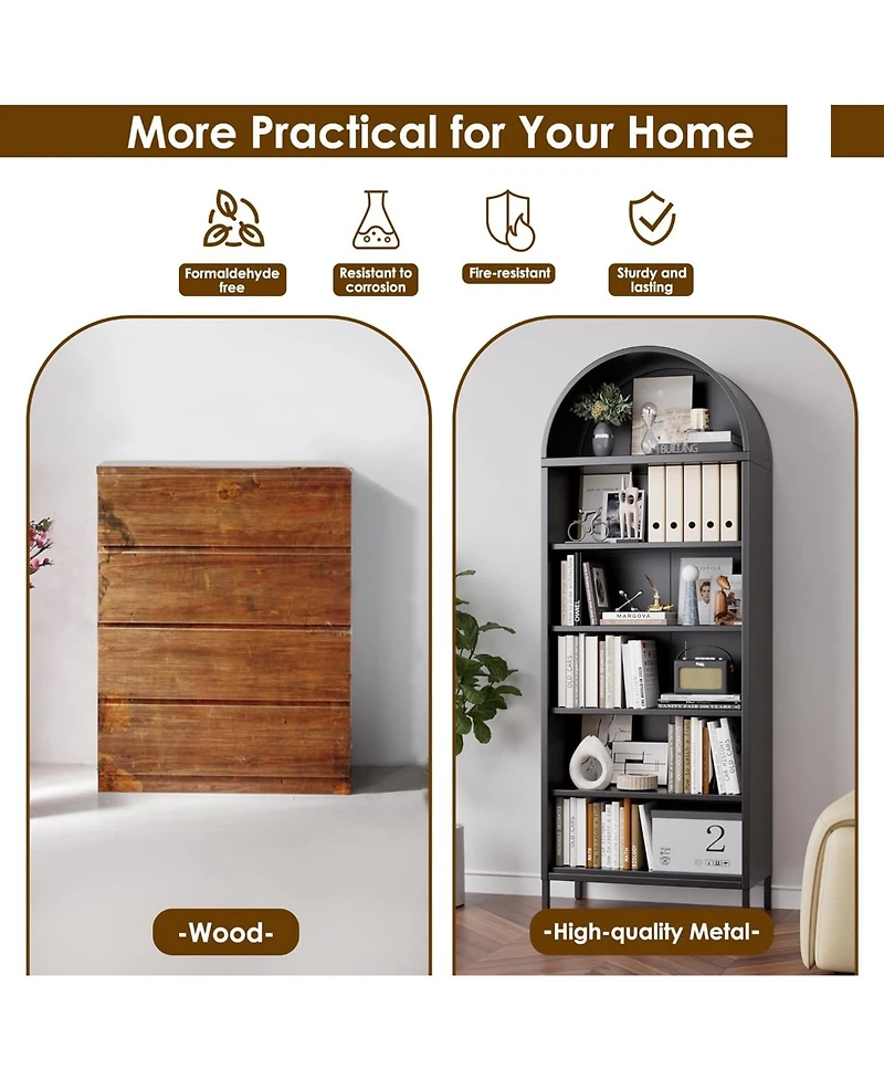 Boyel Living 73" Metal Arched Bookcase with Adjustable Shelves, Tall Bookshelf for Home Office and Living Room