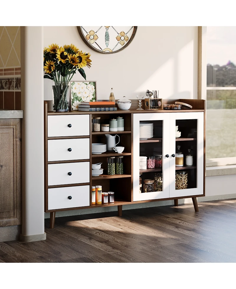 homfan Glass Door Sideboard Cabinet with Grille Design, Buffet Server Storage Shelves for Dining Room Living