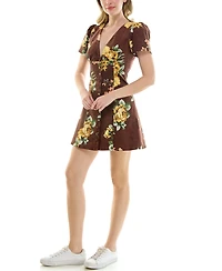 Rare Juniors' Floral V-Neck Lace-Back Short Flutter-Sleeve Mini Dress