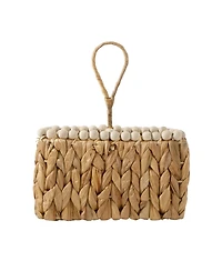 Gibson Home Woven Utensil Caddy with 4 Compartments, Hand-Braided Water Hyacinth Basket with Wood-Bead Trim