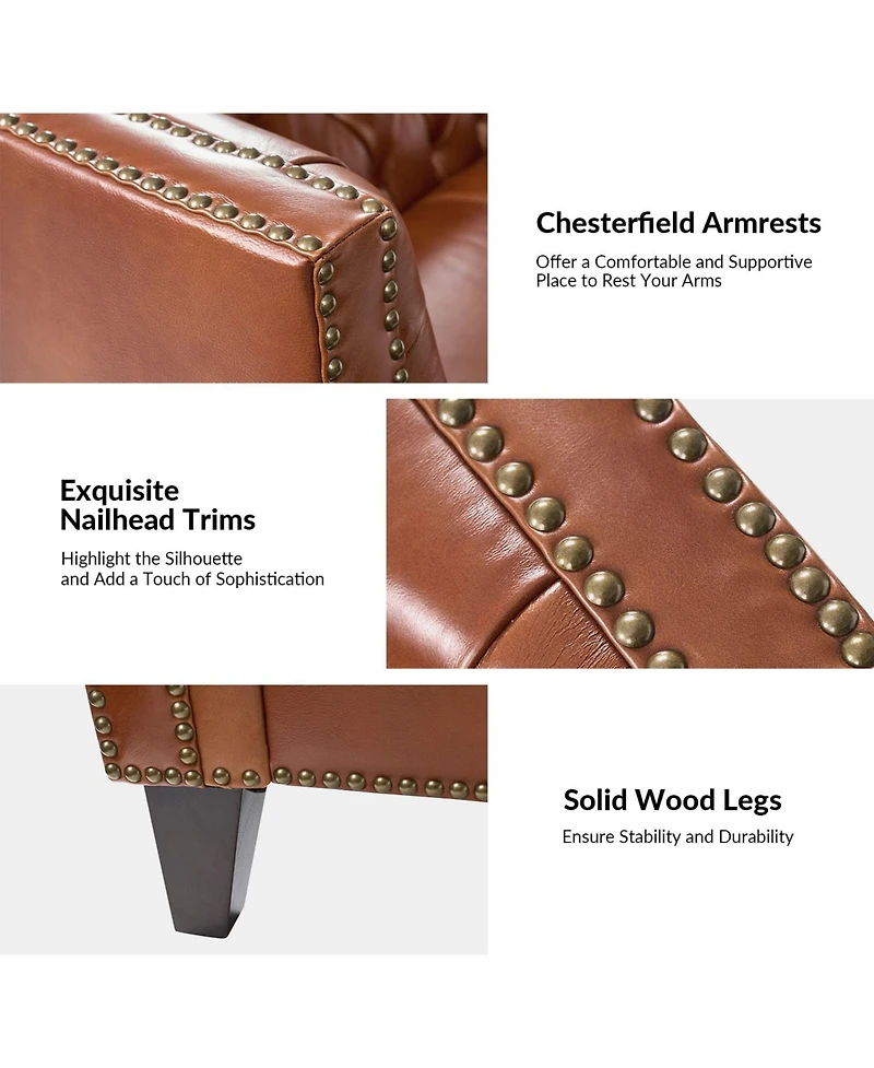 Hulala Home Theotis 84"W Chesterfield Button-Tufting Genuine Leather Sofa with Solid Wood Legs