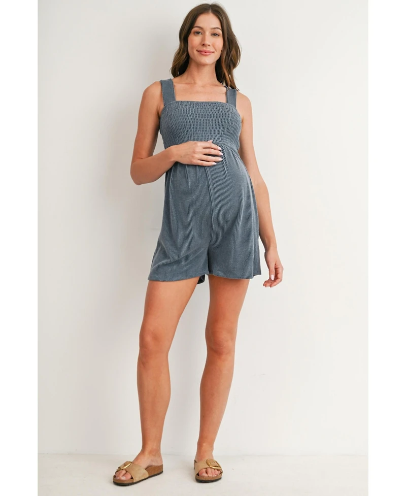 Hello Miz Maternity Sleeveless Smocked Square Neck Ribbed Romper