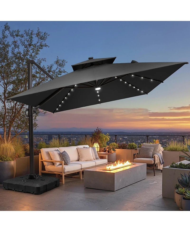 Pellebant Outdoor Patio 10X13Feet Aluminum Double Canopy Solar Lights Cantilever Umbrella with Wheel Base