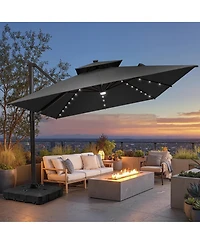 Pellebant Outdoor Patio 10X13Feet Aluminum Double Canopy Solar Lights Cantilever Umbrella with Wheel Base
