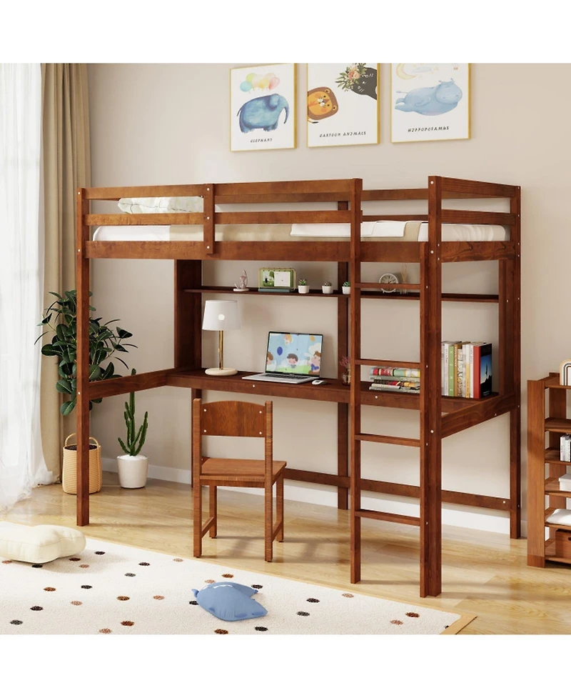 Gouun Twin Loft Bed with Built-In Desk and Storage Shelf for Kids
