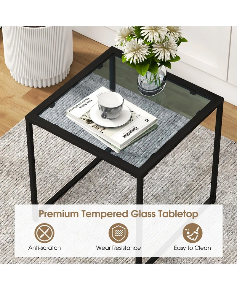 Gouun Tempered Glass Side Table with Metal Frame for Indoor and Outdoor Use