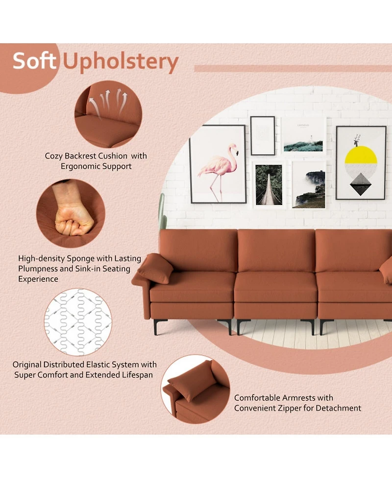 Gouun 3-Seat Sectional Sofa with Metal Legs and Usb Charging Ports