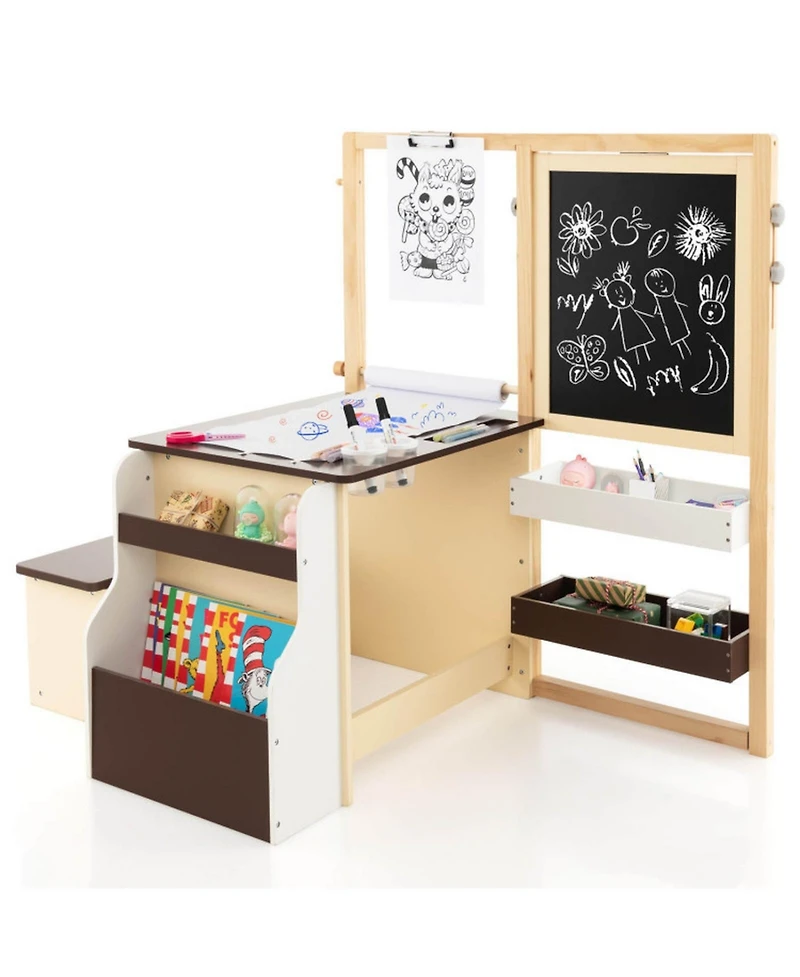 Gouun Kids Art Center with Double-Sided Easel and Storage Bench