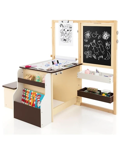 Gouun Kids Art Center with Double-Sided Easel and Storage Bench