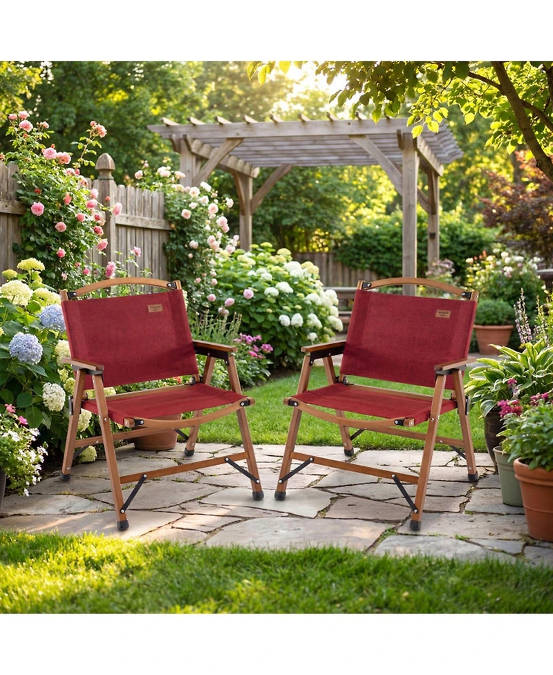 Gouun Folding Camping Chairs Set of 2 with Bamboo Frame and Low Lounge Seat