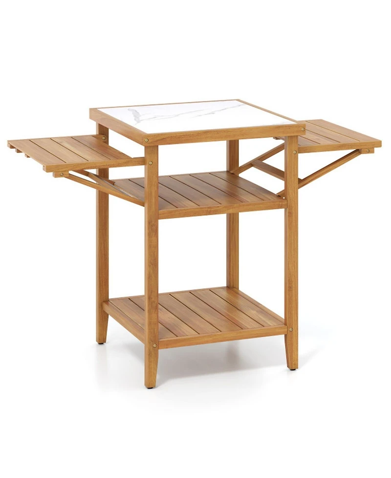 Gouun Acacia Wood Grill Table with Faux Marble Top and Drop-Leaf Sides