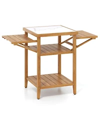 Gouun Acacia Wood Grill Table with Faux Marble Top and Drop-Leaf Sides