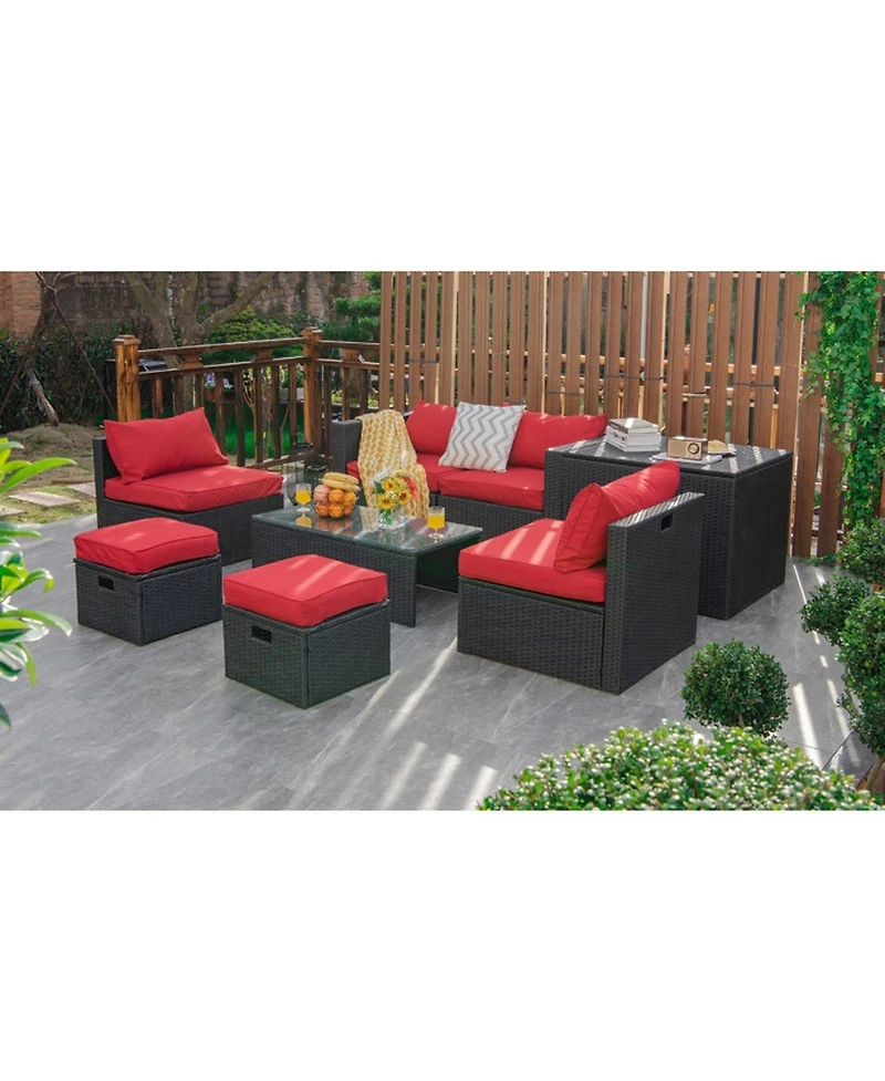 Gouun 8-Piece Patio Rattan Conversation Set with Storage Box