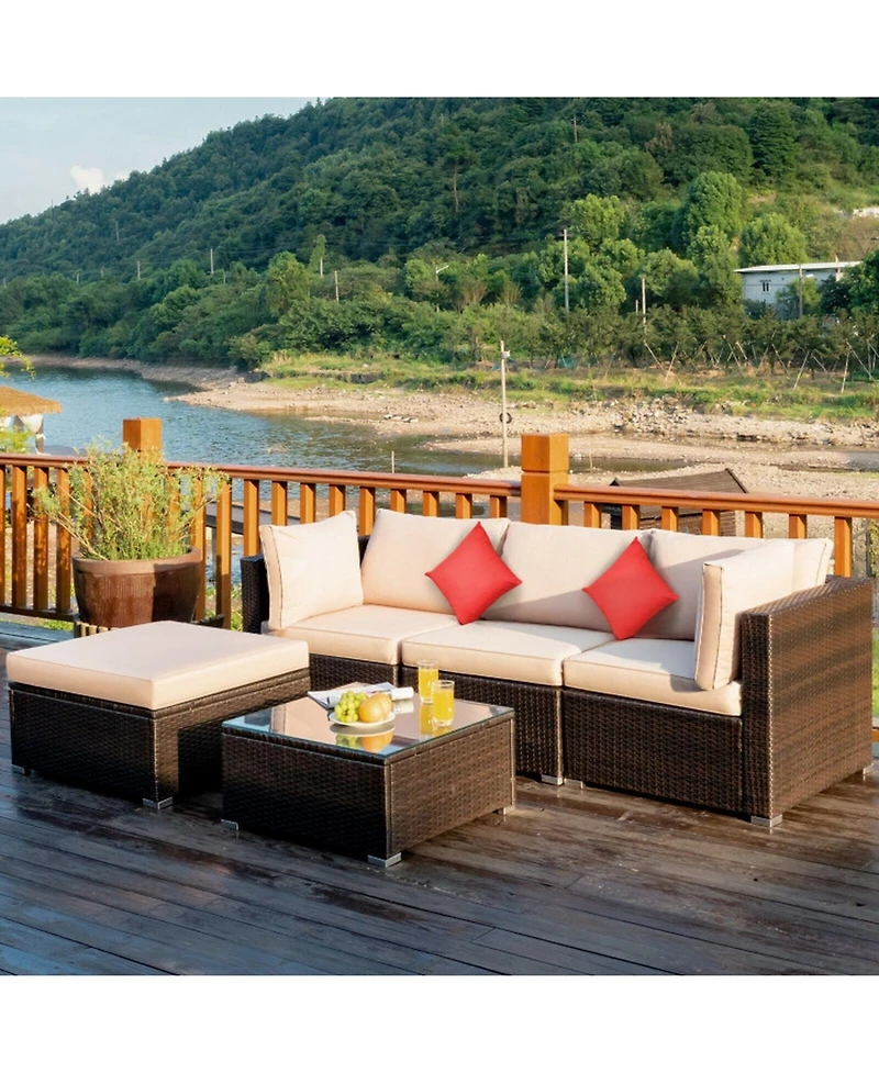 Gouun 5-Piece Modular Patio Sectional Set with Cushions and Glass Table