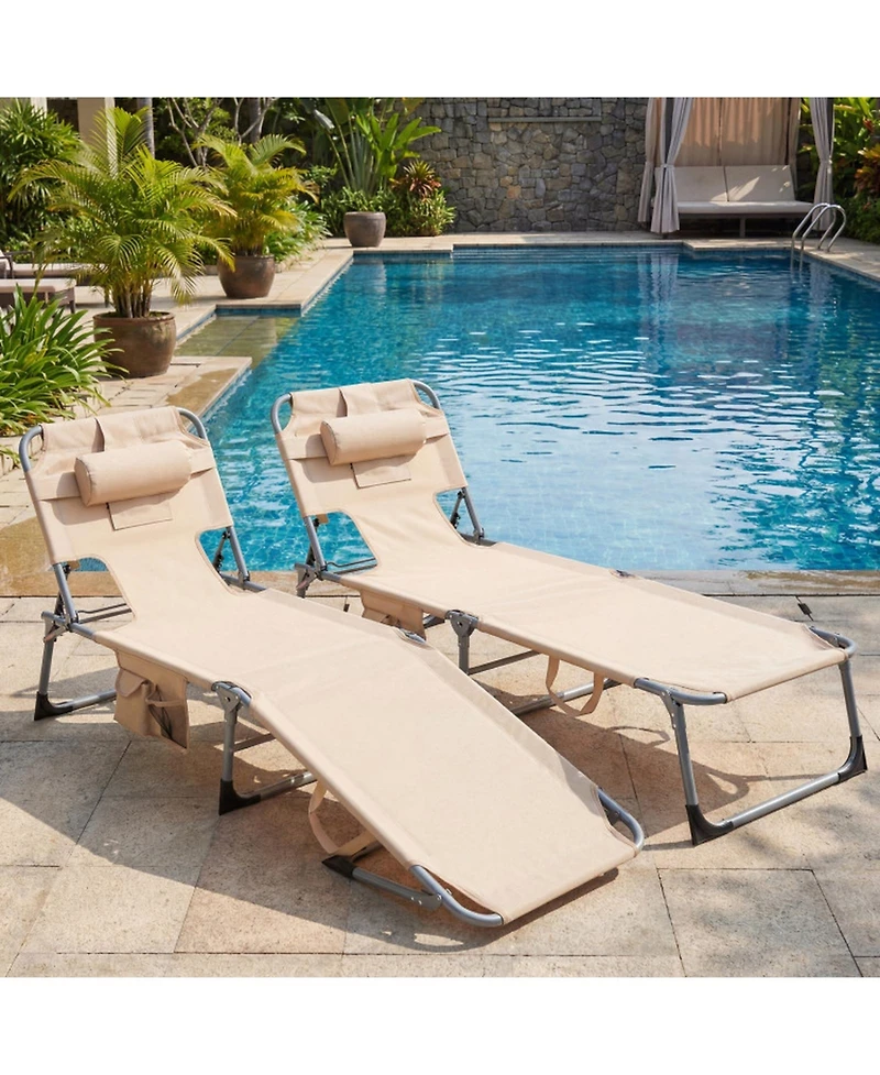 Gouun Set of 2 Folding Chaise Lounge Tanning Chairs with 4-Position Backrest