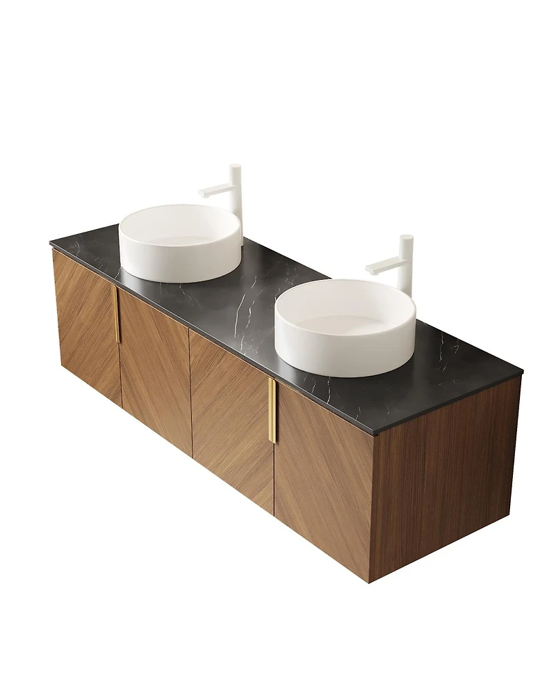 Sillysis 60 Inch Double Sink Bathroom Vanity, Sintered Stone Top, Double Ceramic Vessel Sink