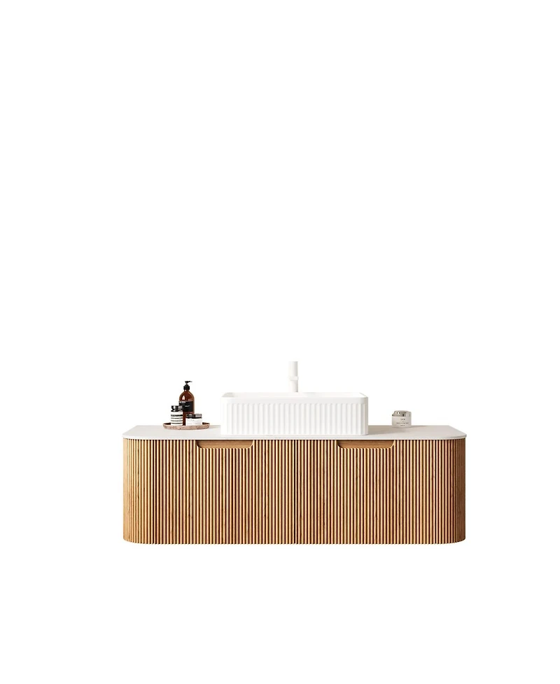 Sillysis Wall Mounted Bathroom Vanity with Rectangular Ceramic Sink, Modern Wood Grain Cabinet, Soft Close Drawer, Pre-assembled