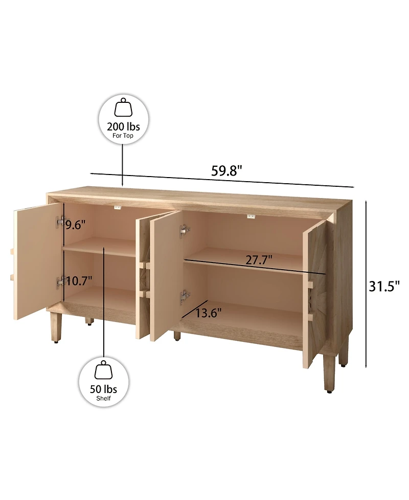 Clihome 60'' Premium Rustic American Farmhouse Credenza - Symmetrical Sunburst Door Design, Heavy-Duty Antique Wood Tv Stand with Adjustable Shelves
