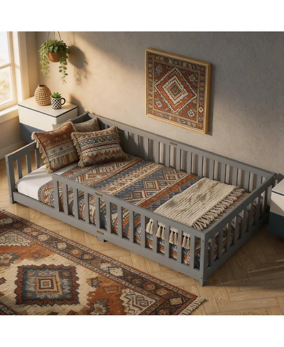 Sailvan Twin Floor Bed with Fence,Solid Rubber Wood Kids Frame