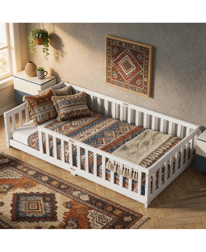Sailvan Twin Floor Bed with Fence,Solid Rubber Wood Kids Bed Frame