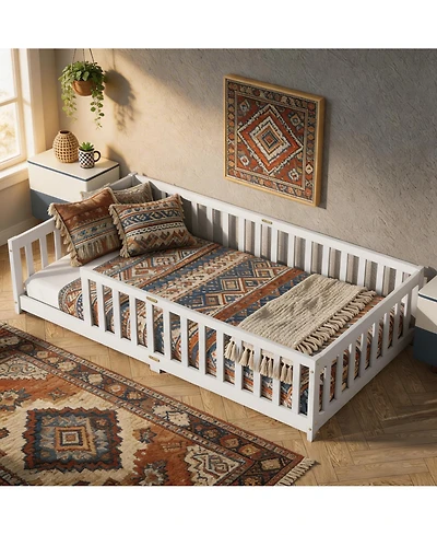 Sailvan Twin Floor Bed with Fence,Solid Rubber Wood Kids Bed Frame