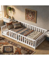 Sailvan Twin Floor Bed with Fence,Solid Rubber Wood Kids Bed Frame