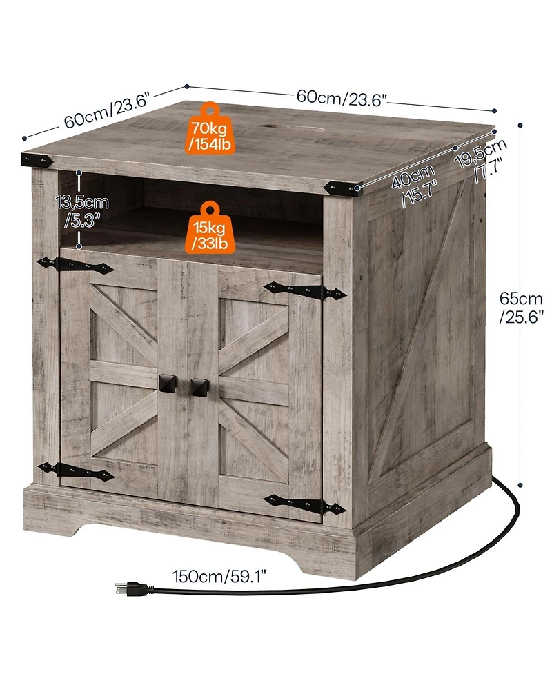 Slickblue Wooden Farmhouse Bedside Table 23.6 Inch with Charging Station
