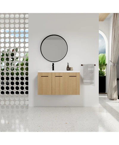Sillysis 36 Inch Wall Mounted Bathroom Vanity with Resin Sink Top, Soft Close Doors