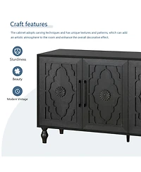 Clihome 63'' Large Storage Cabinet with Metal Handle, Carved Flower Doors, Wooden Mordern Sideboard Console Adjustable Shelves
