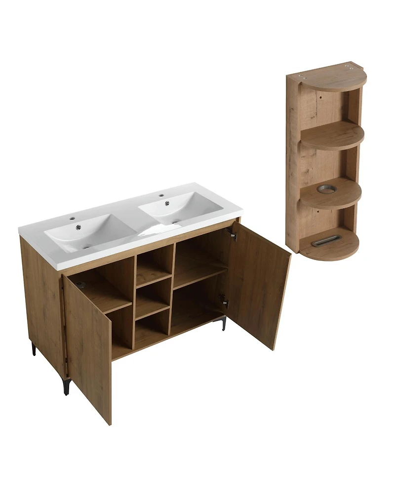 Sillysis 47.6 Inch Freestanding Double Sink Bathroom Vanity with Resin Basin, Wall Mounted Storage Rack, Modern Adjustable Shelves