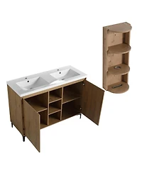 Sillysis 47.6 Inch Freestanding Double Sink Bathroom Vanity with Resin Basin, Wall Mounted Storage Rack, Modern Adjustable Shelves