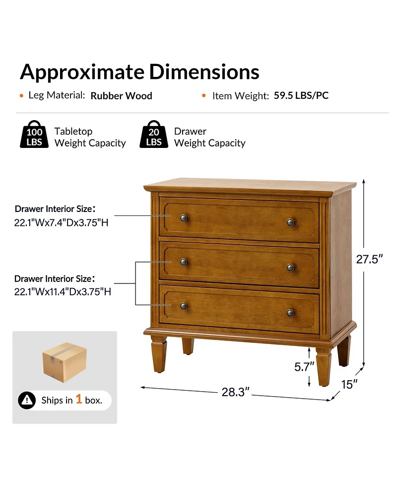 Hulala Home Amberlyn 28.3'' W Transitional 3-Drawer End Table with Built-In Outlet and Solid Wood Legs