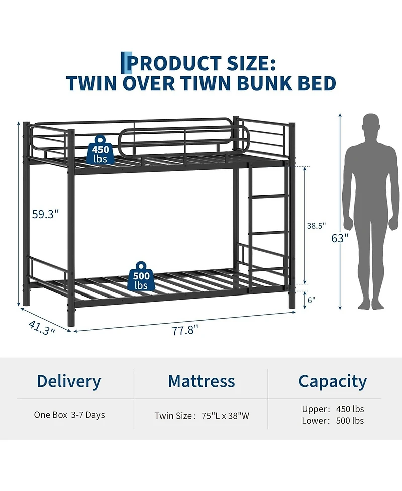 gaomon Twin Over Bunk Bed Frame, Heavy Duty Metal Beds for Kids/Teens/Adults, 450 Lbs Upper and 500 Lower Capacity, Slot