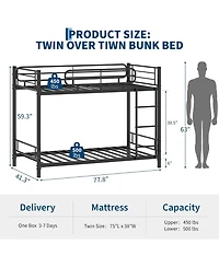 gaomon Twin Over Bunk Bed Frame, Heavy Duty Metal Beds for Kids/Teens/Adults, 450 Lbs Upper and 500 Lower Capacity, Slot