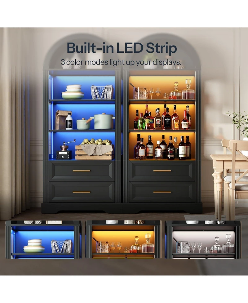 Slickblue Tall Bookcase with Led Lighting, Arched Design and 2 Drawers