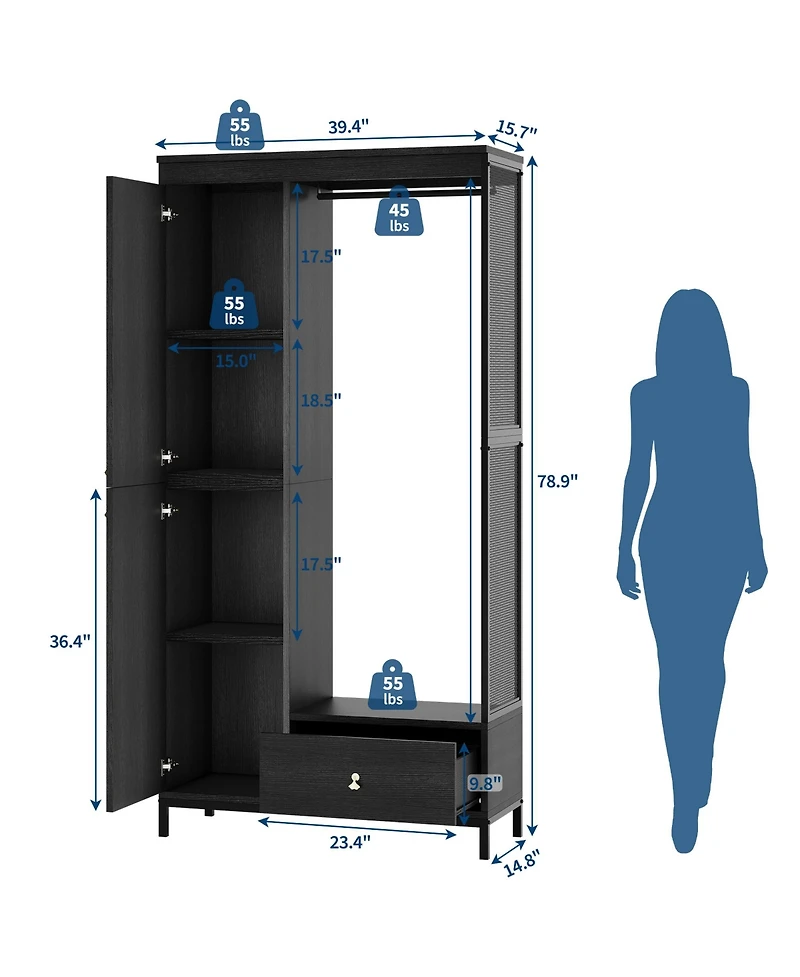 homfan Spacious Storage Armoire Wardrobe, 78.9'' Modern Wood Frame, Drawers, Shelves, Hanging Rod, Freestanding Cabinet, for Clothes, Entryway