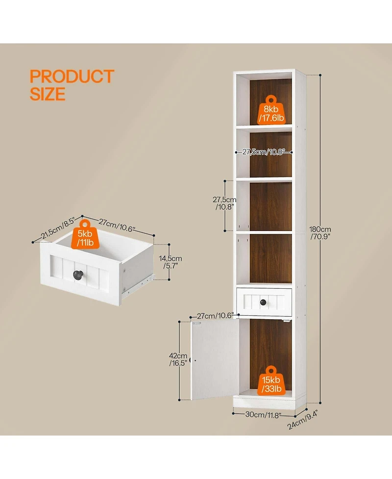 Slickblue Narrow Storage Bookcase with Cabinet and Adjustable Shelving for Home