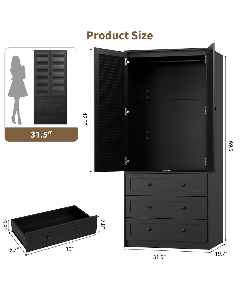 homfan 70" Wardrobe Armoire with 2 Doors and 3 Drawers Hanging Rod Shelf, Large Capacity Armoire, Freestanding Wooden Cabinet