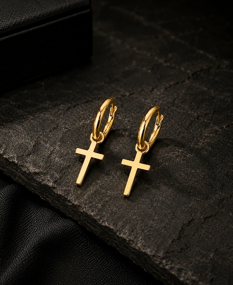 Rhona Sutton Men's Classic 14K Gold Cross Hoop Earrings